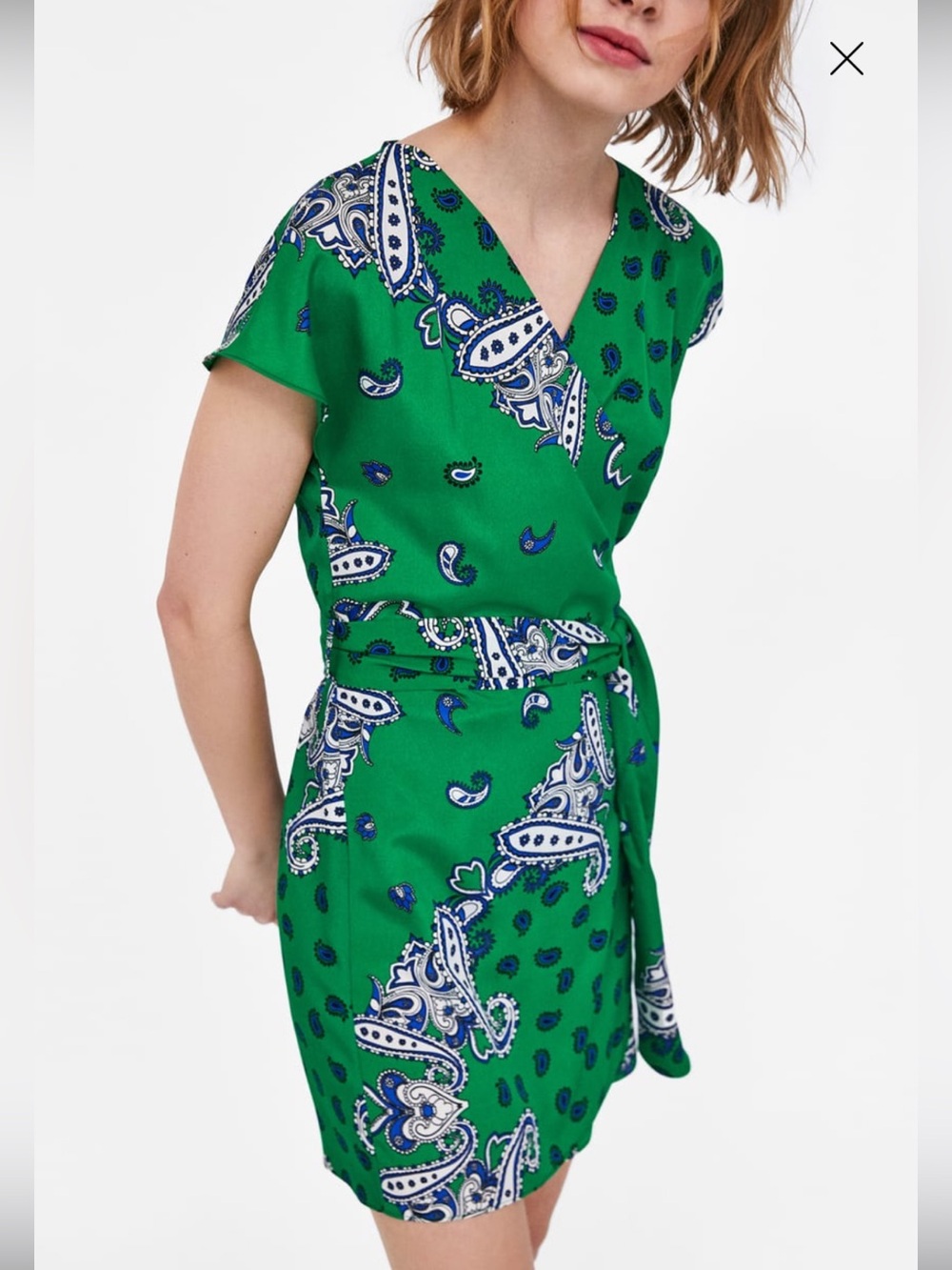 Zara Women’s Green Blue White Paisley Wrap Mini Dress
